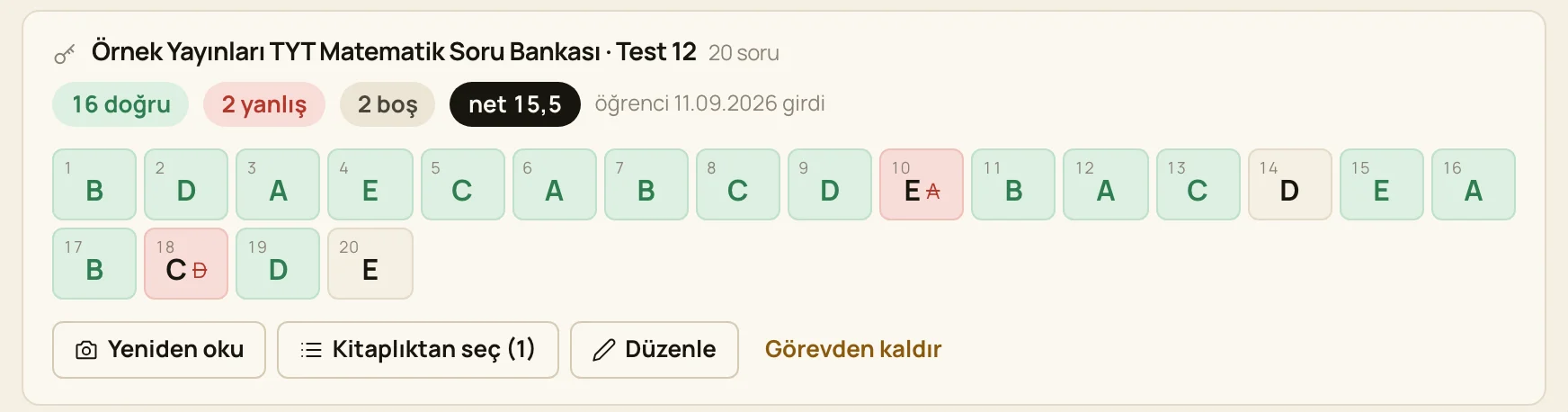 Öğrencinin cevaplarının anahtarla karşılaştırması, 16 doğru, 2 yanlış, 2 boş, net 15,5